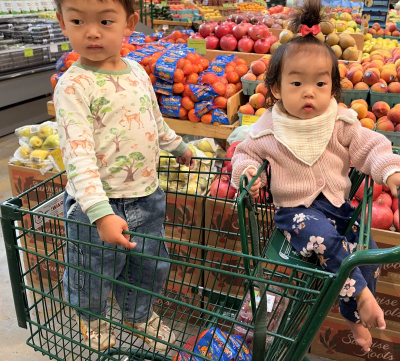Everest and Maggie riding together in a green grocery cart in front of a wall of fruit