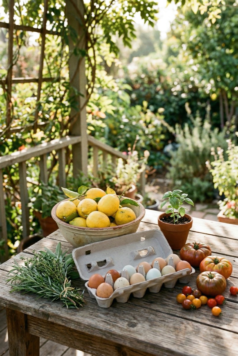 A backyard harvest of lemons, eggs, herbs, and tomatoes