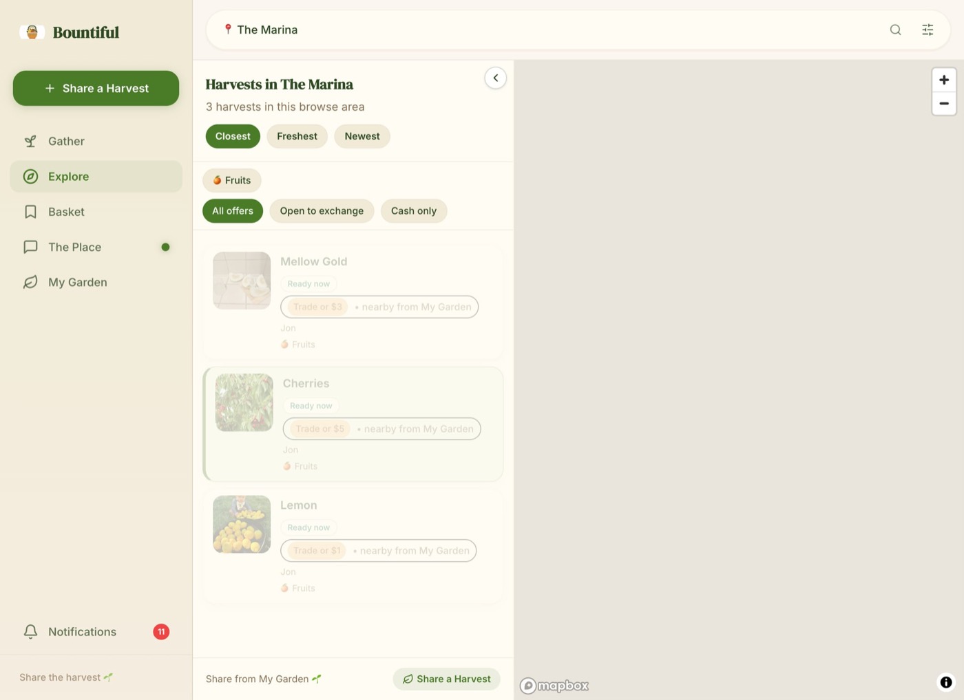Bountiful app explore map view showing nearby harvest discovery