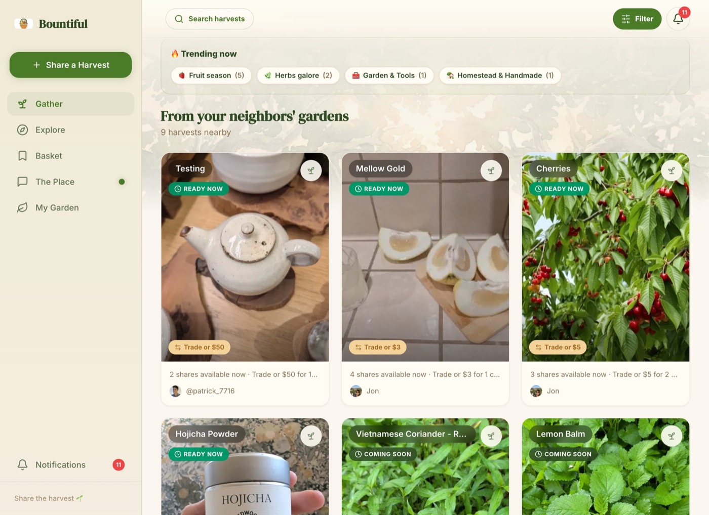 Bountiful app harvest feed showing nearby homegrown items