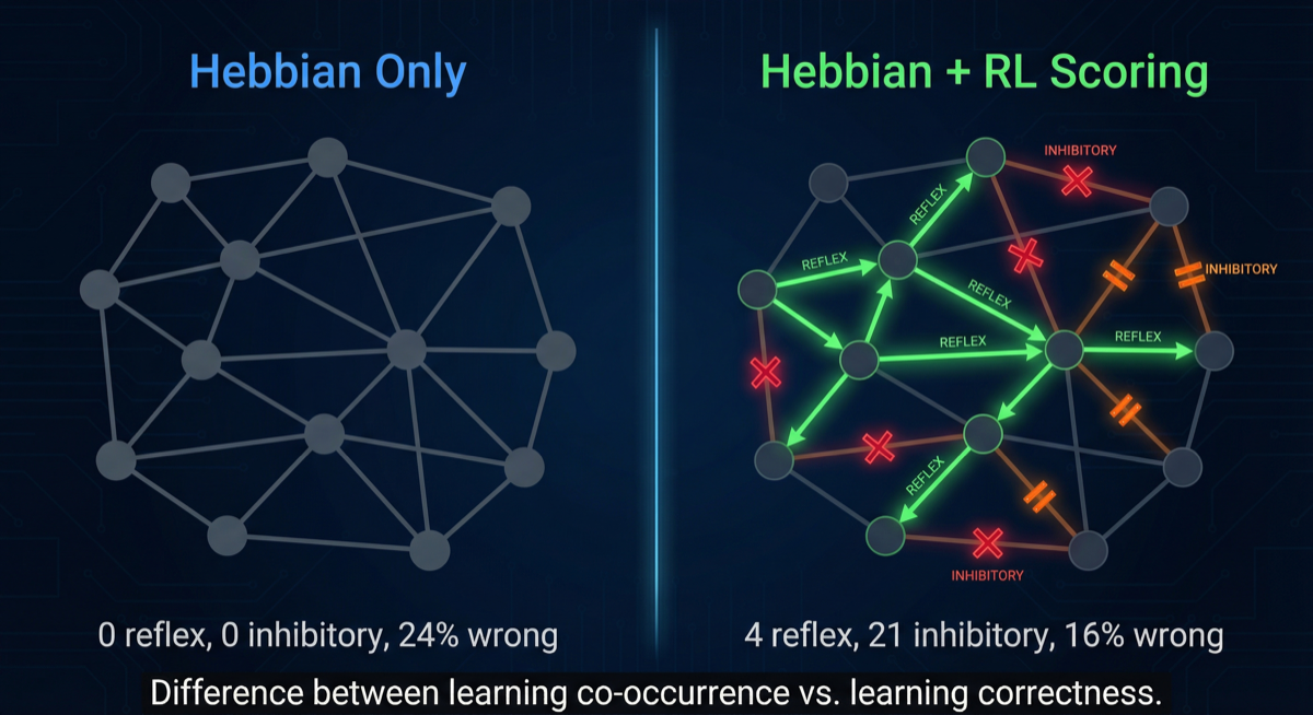 Hebbian-only versus Hebbian plus RL scoring graph comparison