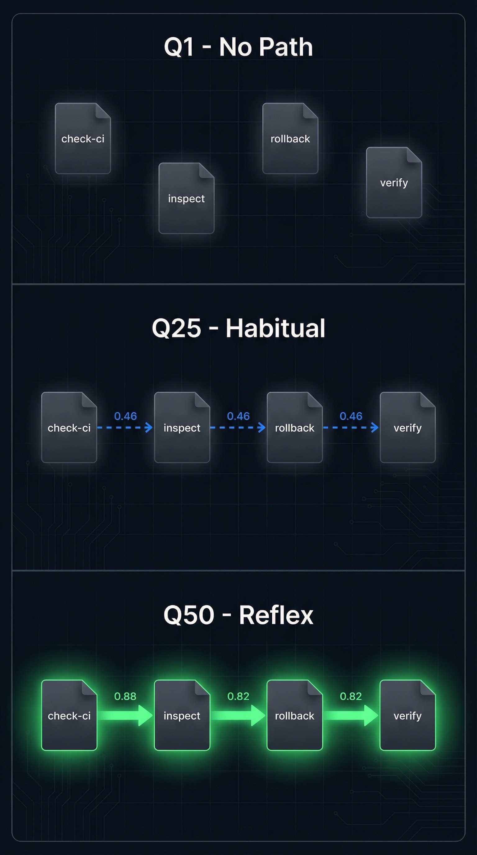 Three stages: Q1 no path, Q25 habitual chain, Q50 reflex chain