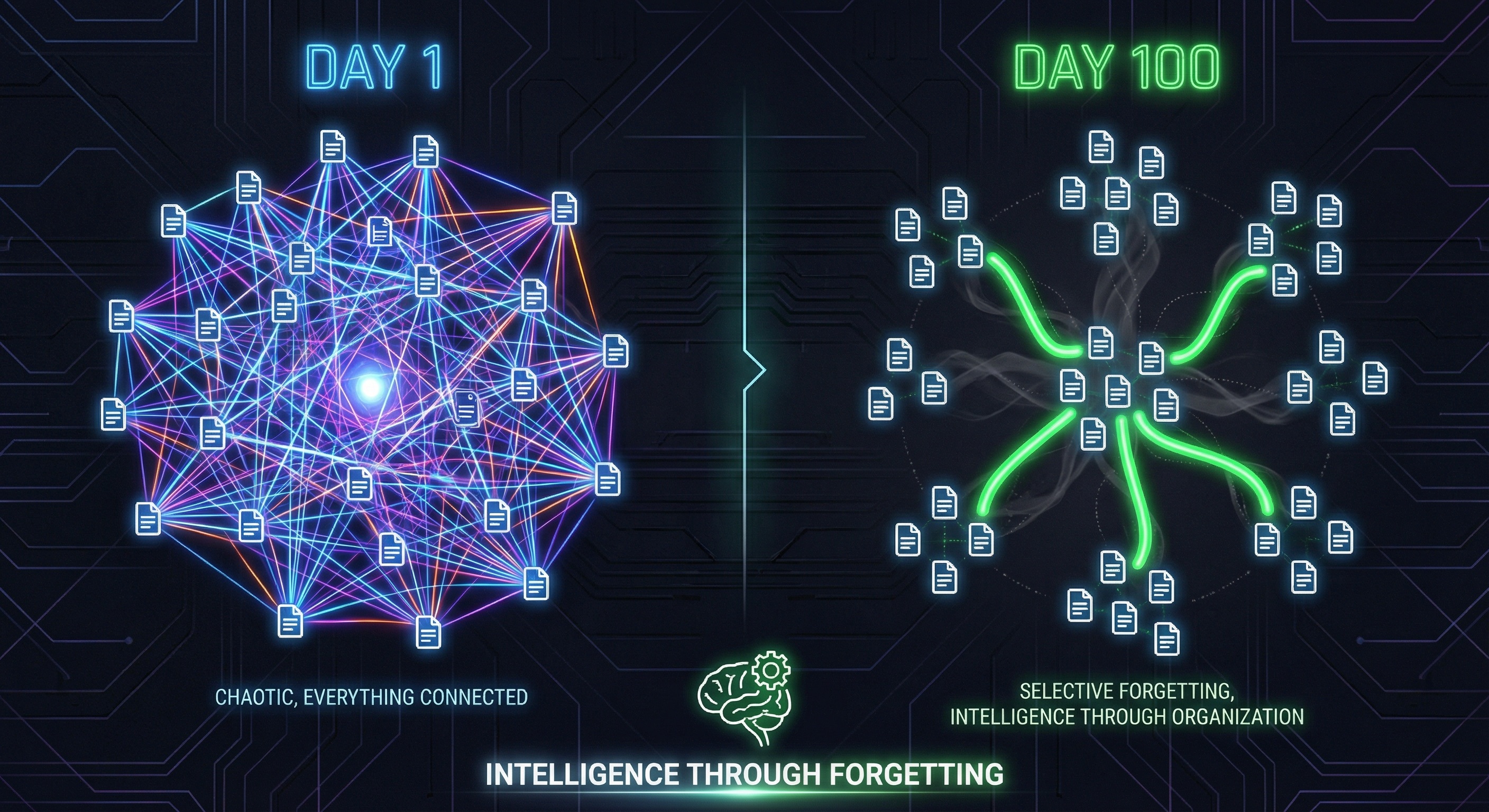 Before: tangled web of connections. After: clean structure with only important paths remaining