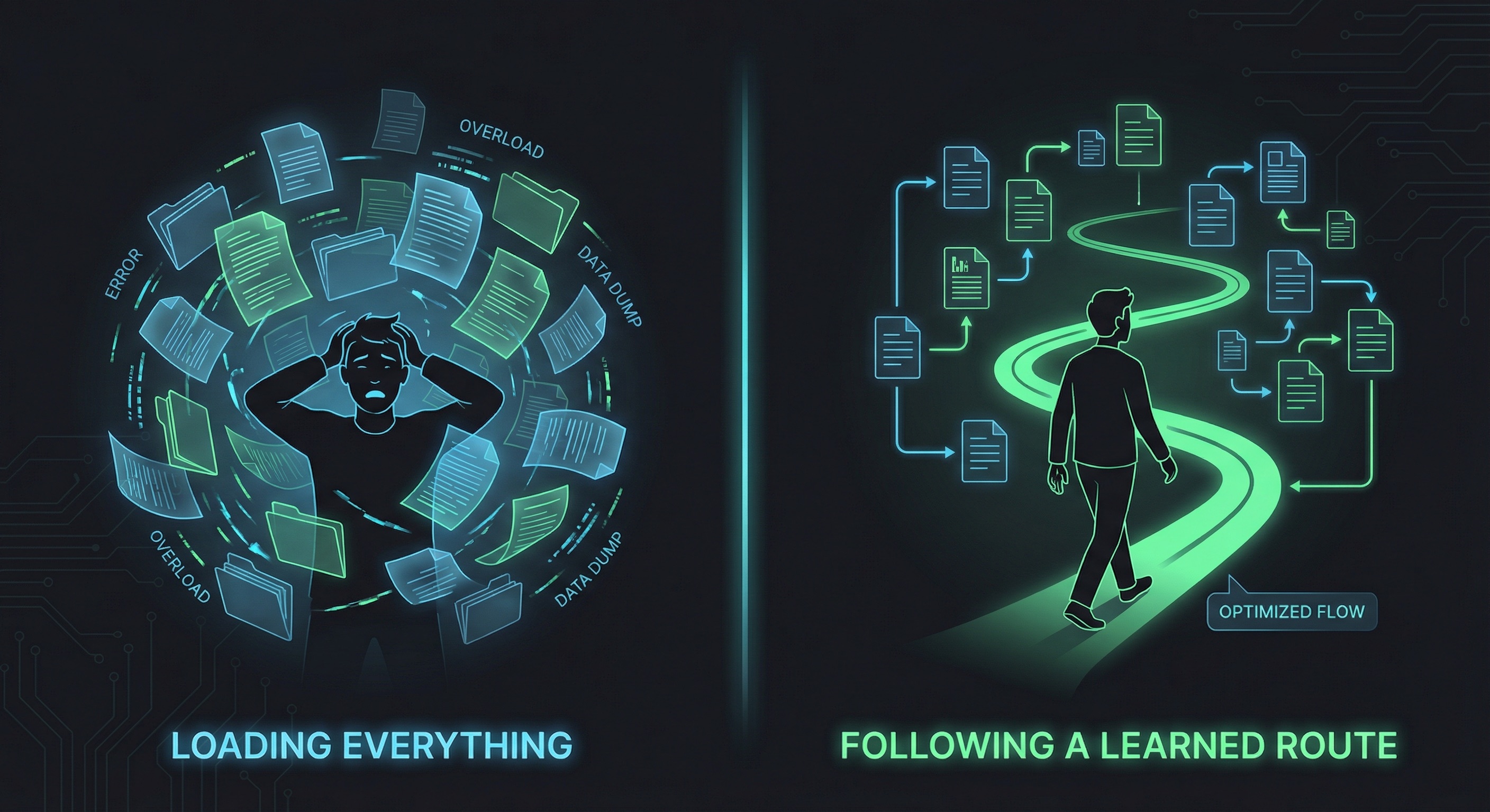 Left: drowning in documents. Right: calmly following a learned path.