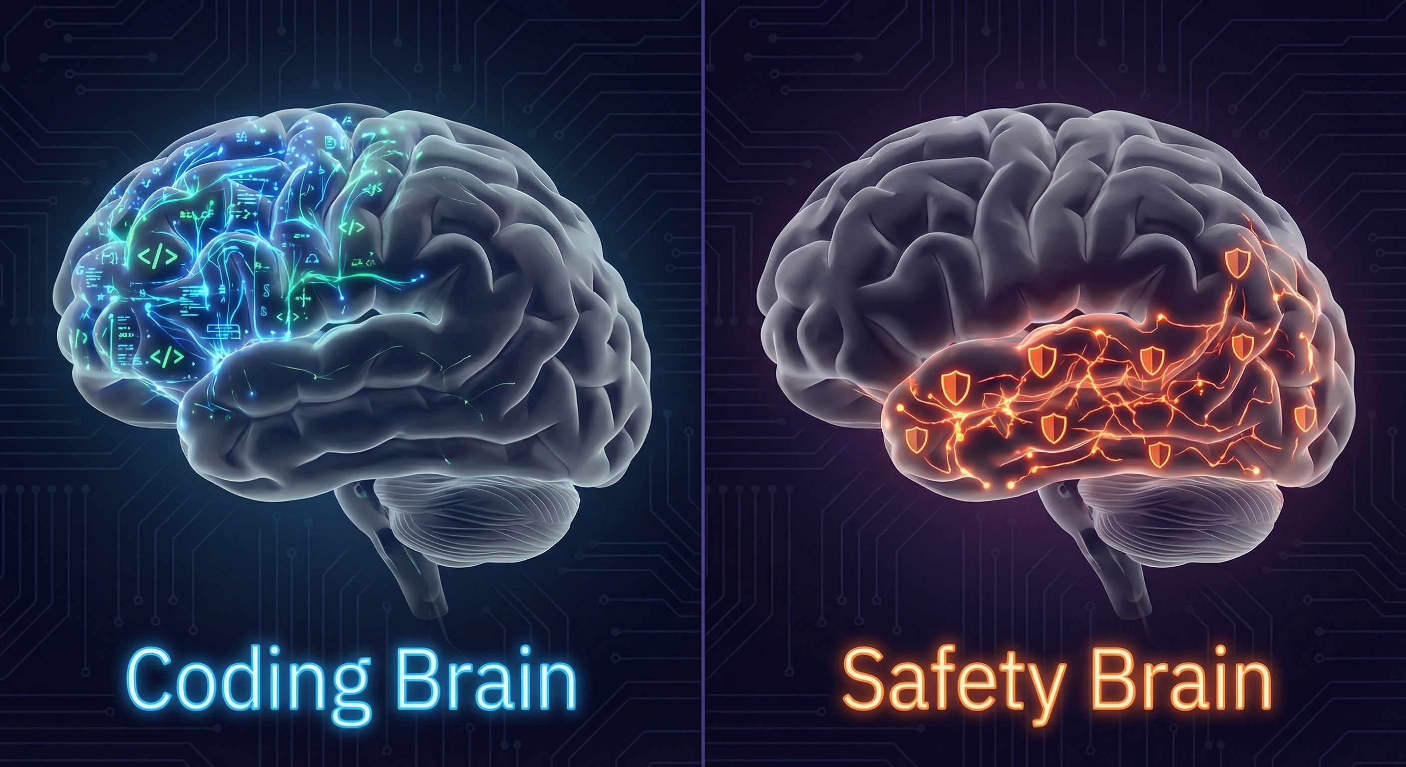 Two brains side by side - coding brain with dense tool connections, safety brain with dense safety connections