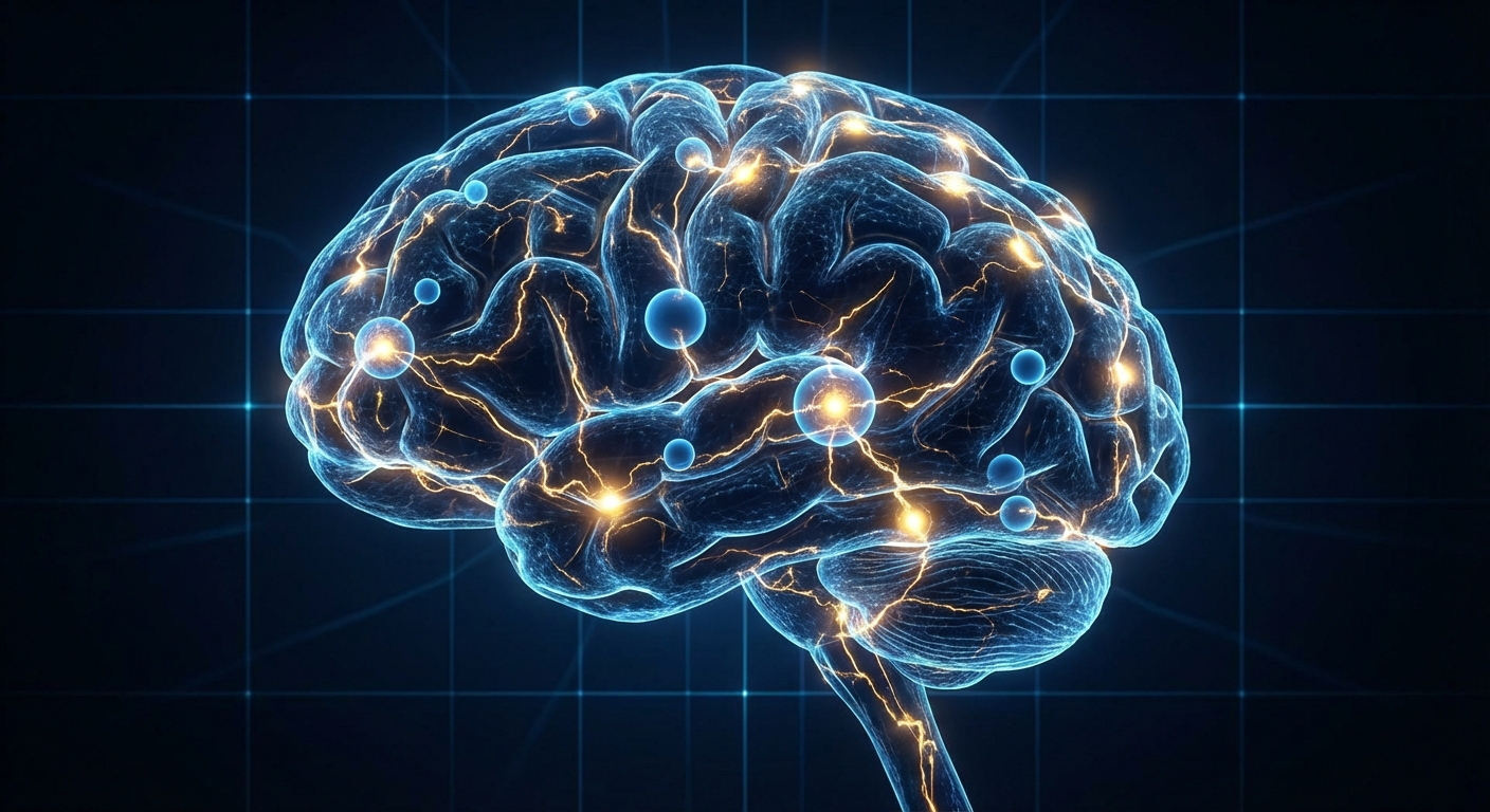 A brain-shaped neural network of document nodes and weighted edges — green reflex paths, blue habitual, gray dormant